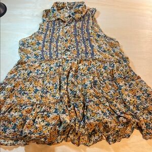 Free People Blue and Brown Boho Sheer Sleeveless Ruffled Blouse Sz XS